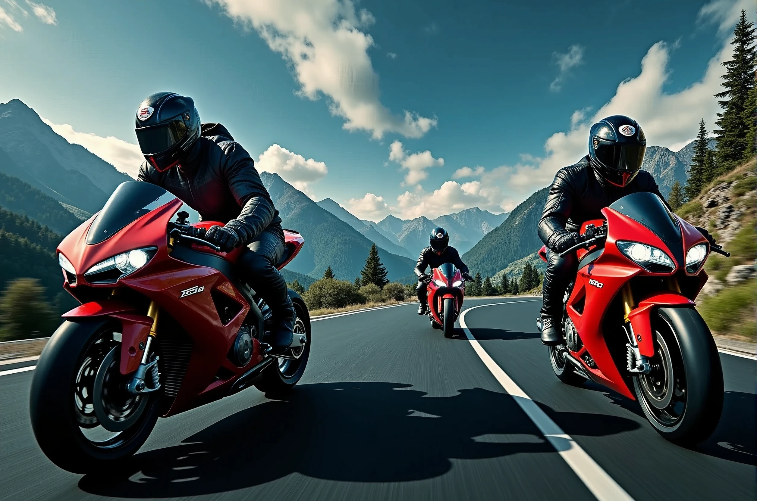 Three R6 riders streak across the winding asphalt, their sleek motorcycles leaving trails of smoke as they hurtle towards the rugged mountain range in the distance. The matte painting-style backdrop features towering peaks, lush green forests, and wispy cloud formations. Sunlight casts long shadows on the road, illuminating the motorcyclists' helmets and jackets as they bank into a turn, their tires screeching in perfect harmony., retina, accurate, masterpiece, super detail, high details, best quality, award winning, highres, HD, 4K, 8k, 16k, retina, accurate, masterpiece, anatomically correct, textured skin, super detail, high quality, award winning, highres, 8k, 16k