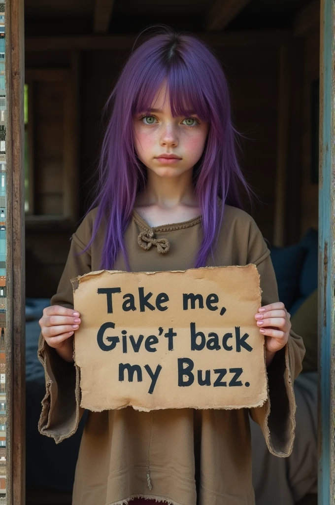 A beautiful girl with purple hair in a torn brown tunic holds a sign in her hands with the inscription "Take me, Give me back my Buzz",  In a dirty, shabby house made of boards in a room with a bed