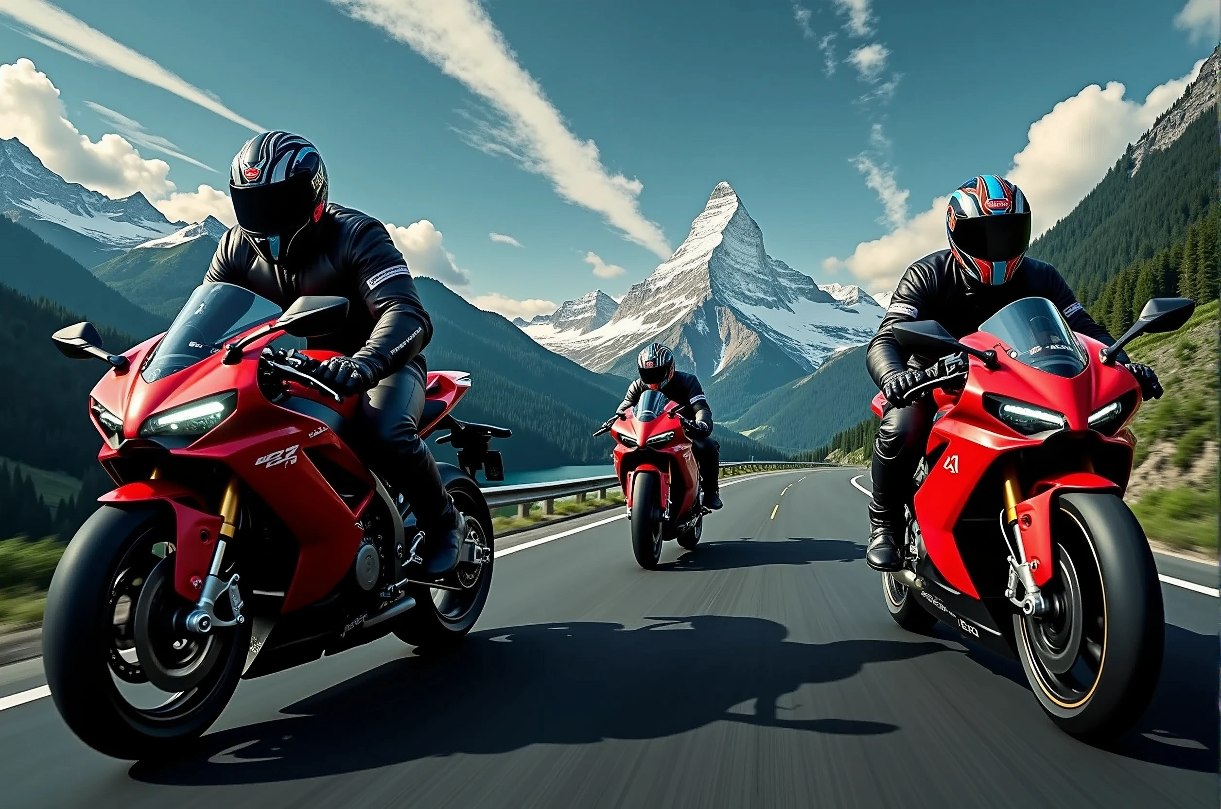 Three R6 riders streak across the winding asphalt, their sleek motorcycles leaving trails of smoke as they hurtle towards the rugged mountain range in the distance. The matte painting-style backdrop features towering peaks, lush green forests, and wispy cloud formations. Sunlight casts long shadows on the road, illuminating the motorcyclists' helmets and jackets as they bank into a turn, their tires screeching in perfect harmony., retina, accurate, masterpiece, super detail, high details, best quality, award winning, highres, HD, 4K, 8k, 16k, retina, accurate, masterpiece, anatomically correct, textured skin, super detail, high quality, award winning, highres, 8k, 16k