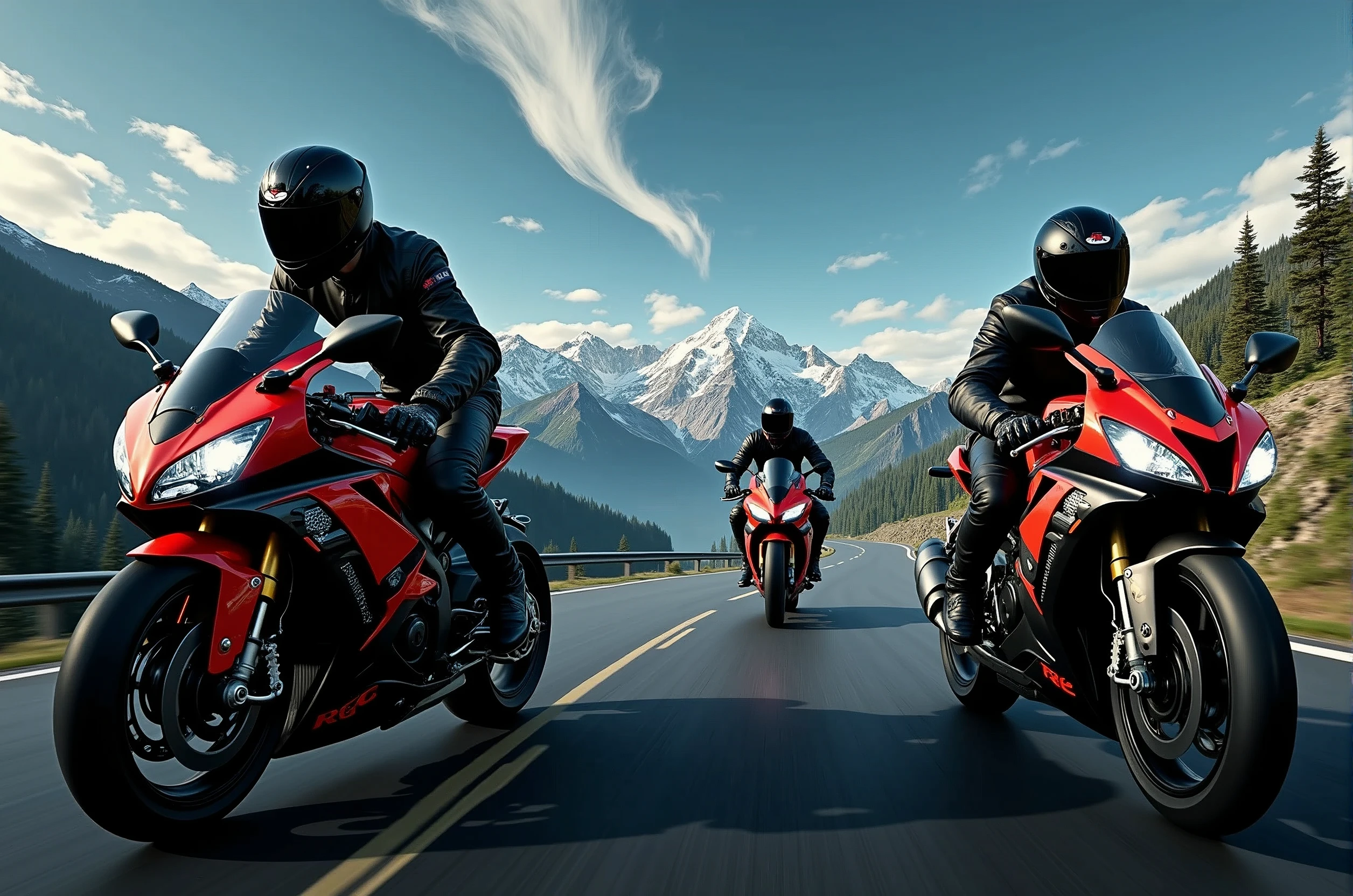 Three R6 riders streak across the winding asphalt, their sleek motorcycles leaving trails of smoke as they hurtle towards the rugged mountain range in the distance. The matte painting-style backdrop features towering peaks, lush green forests, and wispy cloud formations. Sunlight casts long shadows on the road, illuminating the motorcyclists' helmets and jackets as they bank into a turn, their tires screeching in perfect harmony., retina, accurate, masterpiece, super detail, high details, best quality, award winning, highres, HD, 4K, 8k, 16k, retina, accurate, masterpiece, anatomically correct, textured skin, super detail, high quality, award winning, highres, 8k, 16k