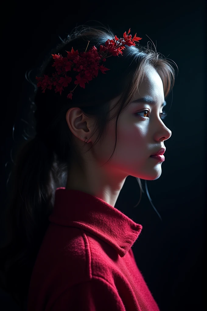 ( masterpiece,black background :1.5) , 8k , (atmospheric depth:1.2) , (vivid illuminlation:1.2) , (enchanting elegance:1.2) , 1girl, portrait ,