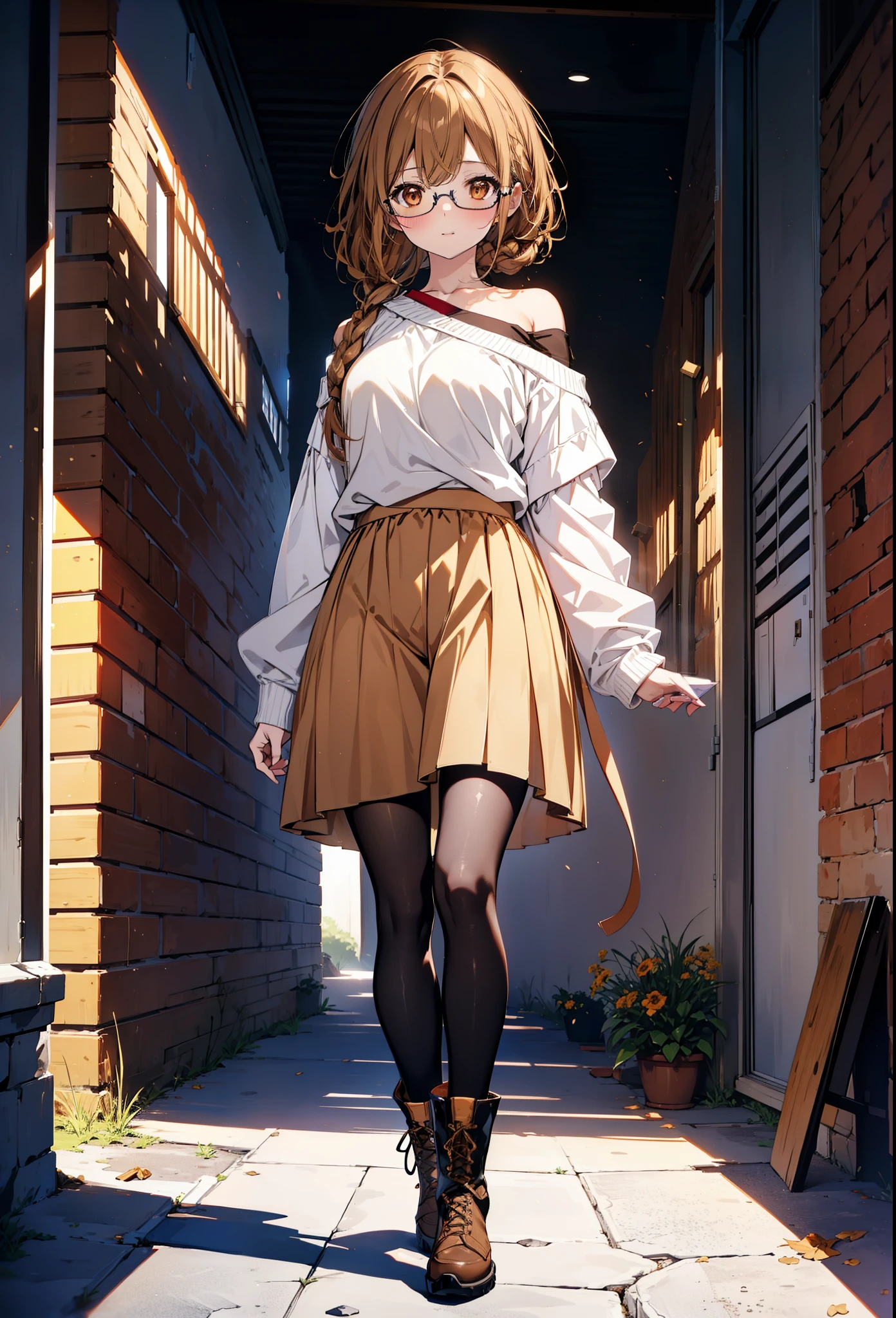 a sun ayuuki, a sun a yuuki, Brown Hair, (Brown eyes:1.8),smile,blush,Long braids,Black-rimmed glasses,Red one-shoulder sweater,Long skirt,Black pantyhose,short boots,Daytime,Clear skies,Walking,whole bodyがイラストに入るように,
break outdoors, Building district,
break looking at viewer, whole body,
break (masterpiece:1.2), Highest quality, High resolution, unity 8k wallpaper, (figure:0.8), (Beautiful attention to detail:1.6), Highly detailed face, Perfect lighting, Highly detailed CG, (Perfect hands, Perfect Anatomy),