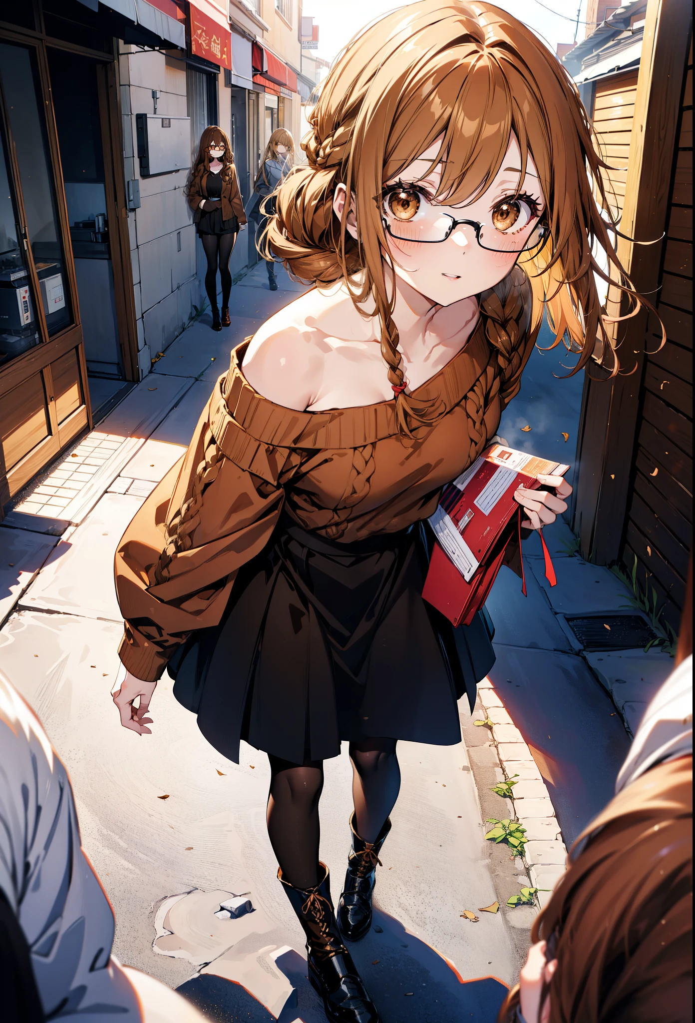a sun ayuuki, a sun a yuuki, Brown Hair, (Brown eyes:1.8),smile,blush,Long braids,Black-rimmed glasses,Red one-shoulder sweater,Long skirt,Black pantyhose,short boots,Daytime,Clear skies,Walking,whole bodyがイラストに入るように,
break outdoors, Building district,
break looking at viewer, whole body,
break (masterpiece:1.2), Highest quality, High resolution, unity 8k wallpaper, (figure:0.8), (Beautiful attention to detail:1.6), Highly detailed face, Perfect lighting, Highly detailed CG, (Perfect hands, Perfect Anatomy),