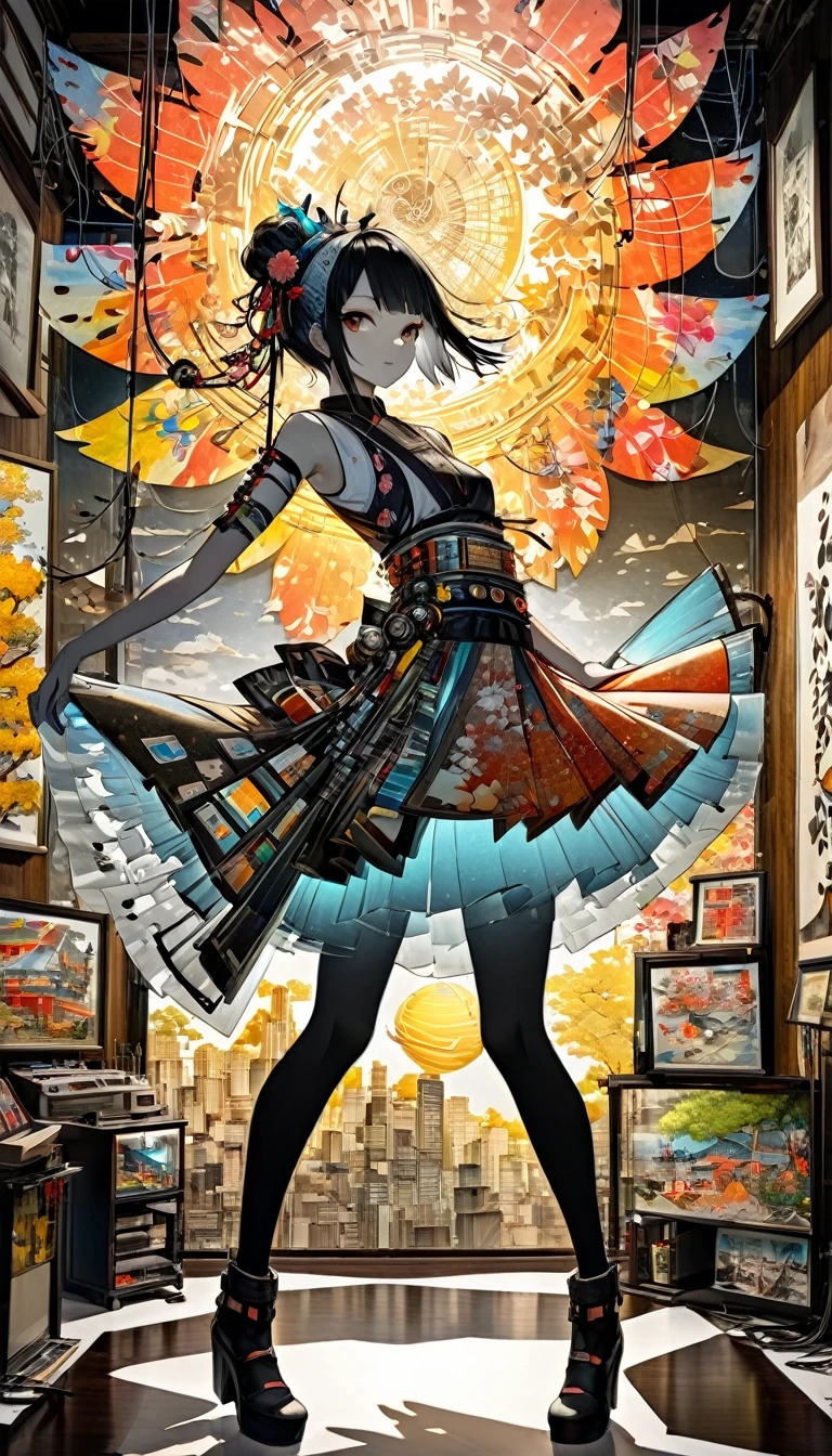 fusion of watercolors and oil paintings, fusion of paper cutting and shadow puppetry, mix of Japanese painting, ukiyo-e and woodblock prints, mix of monochrome and color, city where everything is made of machines, transparent, clear neon color, precision instruments, machines, machine parts, LED, wire cables, fusion of all-round punk and all genre punk, shading effects, gradation magic effects, mysterious effects, (ultra detailed, absolutely resolution, best quality:1.3), 2.5D, delicate and dynamic, artistic photography, hyper realistic, graphic CG digital fantasy art