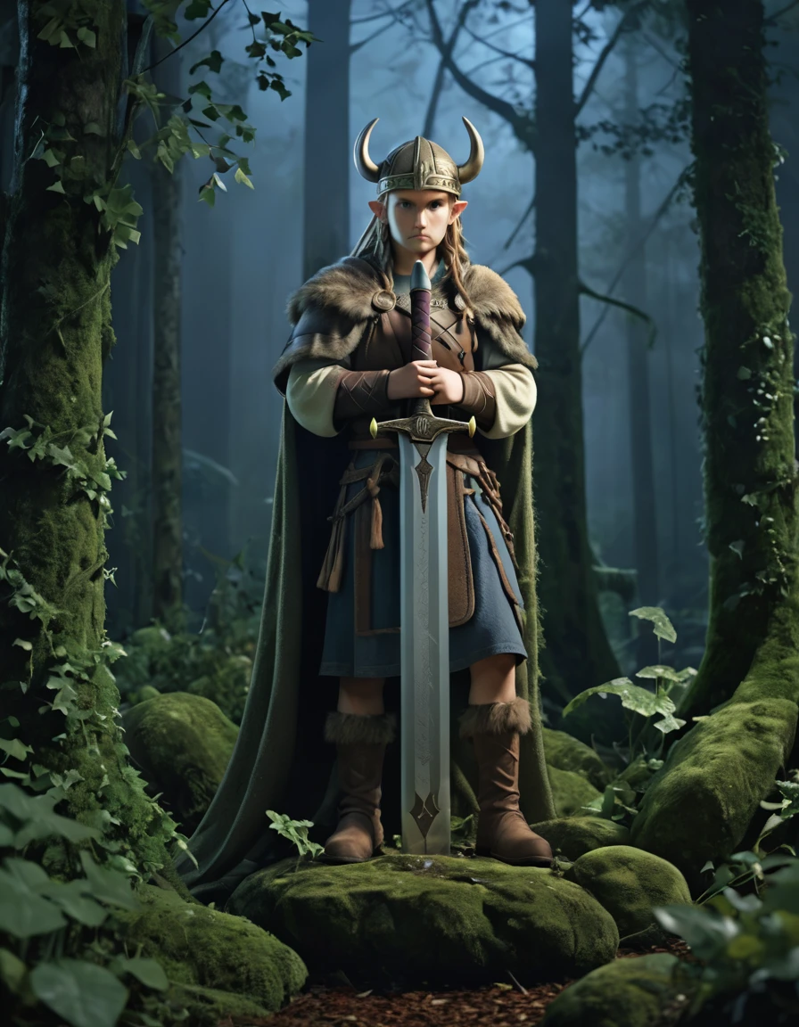 a viking uthbert with excalibur sword standing in front of a stone with moss and ivy in a dark forest at night,highly detailed, realistic, 4k, ultra-detailed, masterpiece, intricate details, dramatic lighting, moody atmosphere, photorealistic, cinematic composition, volumetric lighting, photo-realistic, studio lighting, physically-based rendering, extreme detail description, vibrant colors, dramatic chiaroscuro