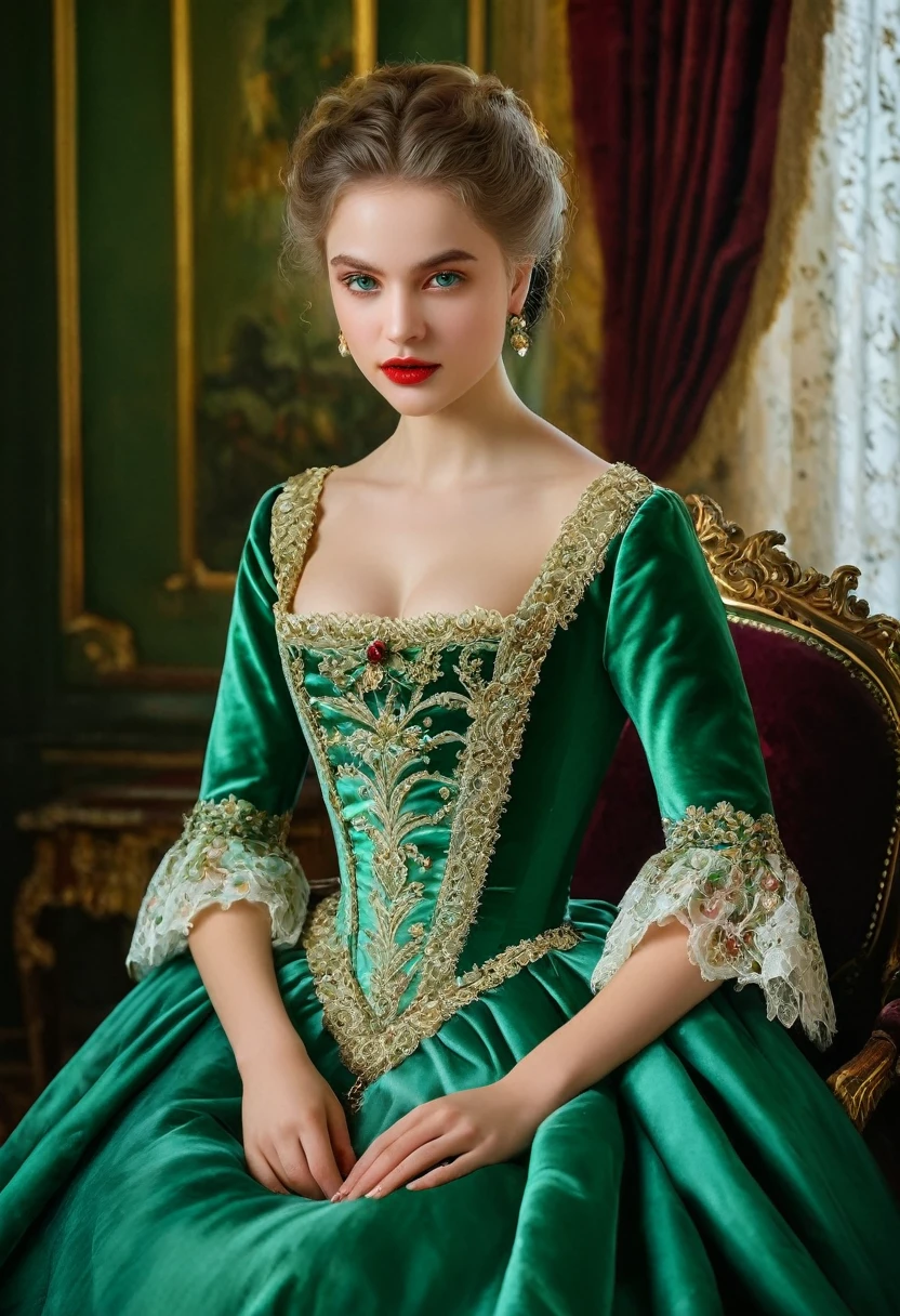 (highres,masterpiece:1.2),(realistic:1.37)A portrait of a Russian vampire girl in the 18th century with unparalleled beauty. She has mesmerizing green eyes and delicate rosy lips. The portrait is meticulously detailed, capturing every subtle nuance of her features. She is adorned in an exquisite silk gown, embellished with intricate lace and delicate embroidery. The painting showcases the opulence of the era, with lush velvet curtains and gilded furniture in the background. The lighting is soft and diffused, accentuating the girl's ethereal beauty. The colors are vibrant and rich, creating a captivating visual experience. The portrait is created in the style of classical portraiture, reminiscent of the works of renowned artists from the era. It exudes elegance, grace, and sophistication., contraposto!!!!!!!!!!!!!