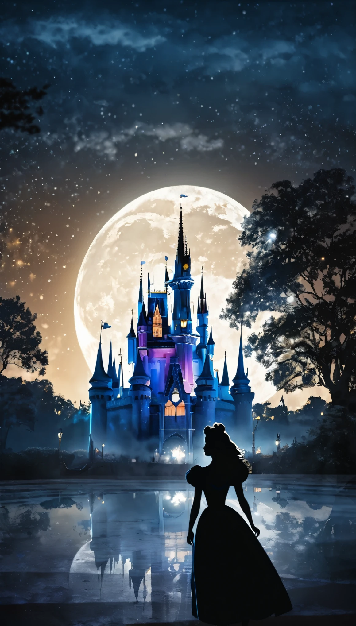 (8k, Highest quality, masterpiece)，Double Exposure, silhouette, (one princess, One Knight, Face to face), Upper body close-up, Moonlit Night, Cinderella Castle, Outdoor, Confession in the moonlight