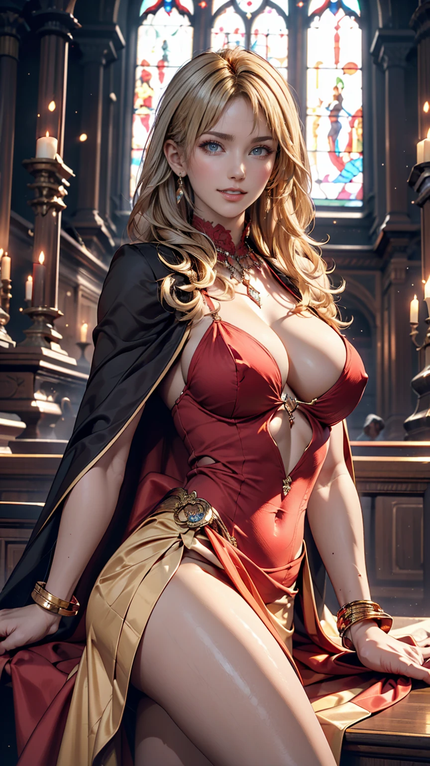 Dark Souls, Dim Light, Old Church, Mature Woman, slim, expensive, Long blonde curly hair, Long black cape, Red leotard with long skirt(High leg), Long skirt with diamonds, Gold bracelet, 8k, Official Style, European aristocracy, Sexy proportions、Narrow waist、Erotic female body、Blonde、Silver accessories on the wrist、Realistic shaped breasts(Hanging down due to gravity)Nipple swelling emphasis、smile、