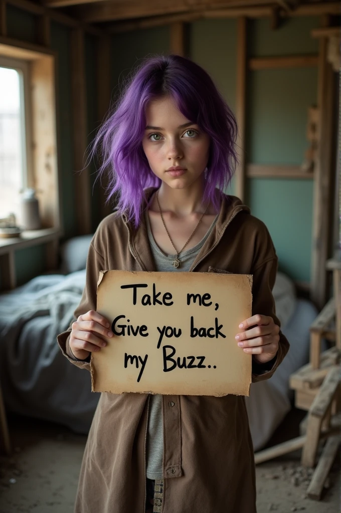 A beautiful girl with purple hair in a torn brown tunic holds a sign in her hands with the inscription "Take me, Give me back my Buzz", In a dirty, shabby house made of boards in a room with a bed