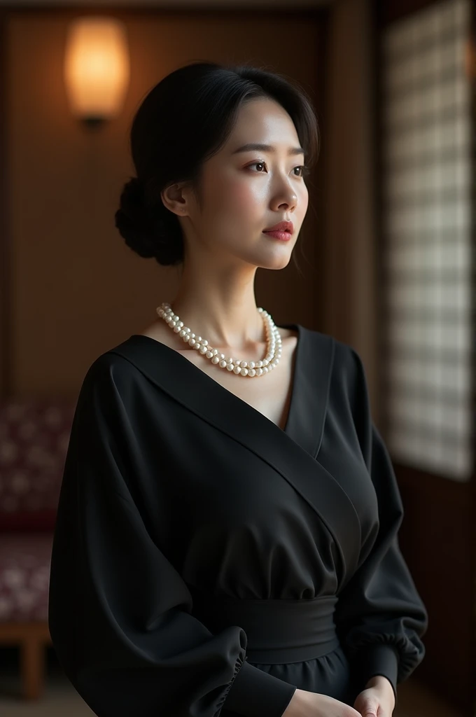 (Highest quality、Highest quality、8k resolution、masterpiece、Professional photography、Award-winning works)、(Mature 45 year old beautiful Japanese woman:1.1)、(Funeral:1.1)、(Blurred background of a spacious and elegant Japanese-style room:1.1)、(Strongly blurred background:1.1)、The most romantic and moody atmosphere、(Perfect black elegant mourning outfit:1.2)、(Pearl Necklace:1.1)、Standing Elegantly、Voluptuous body、sad expression looking at me、Large Breasts、Perfect Makeup、Beautiful lipstick、Elegant eyeshadow、Long eyelashes、Ultra-high resolution glossy skin、(Accurate anatomy:1.1)