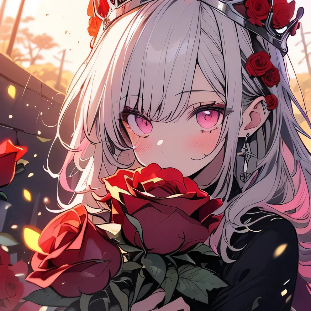 (((Best quality))), (((Ultra detailed))), 1 girl, ((((vivid)))),(((beautiful detailed hair, medium hair, silver hair))), (((pink eyes))), (((crown, with lots of red roses))), raining, viewing from above:1, (blush), flower field, beautiful detailed flowers, colorful flowers, ((fireflies, sunshine, particles)), starrystarscloudcolorful