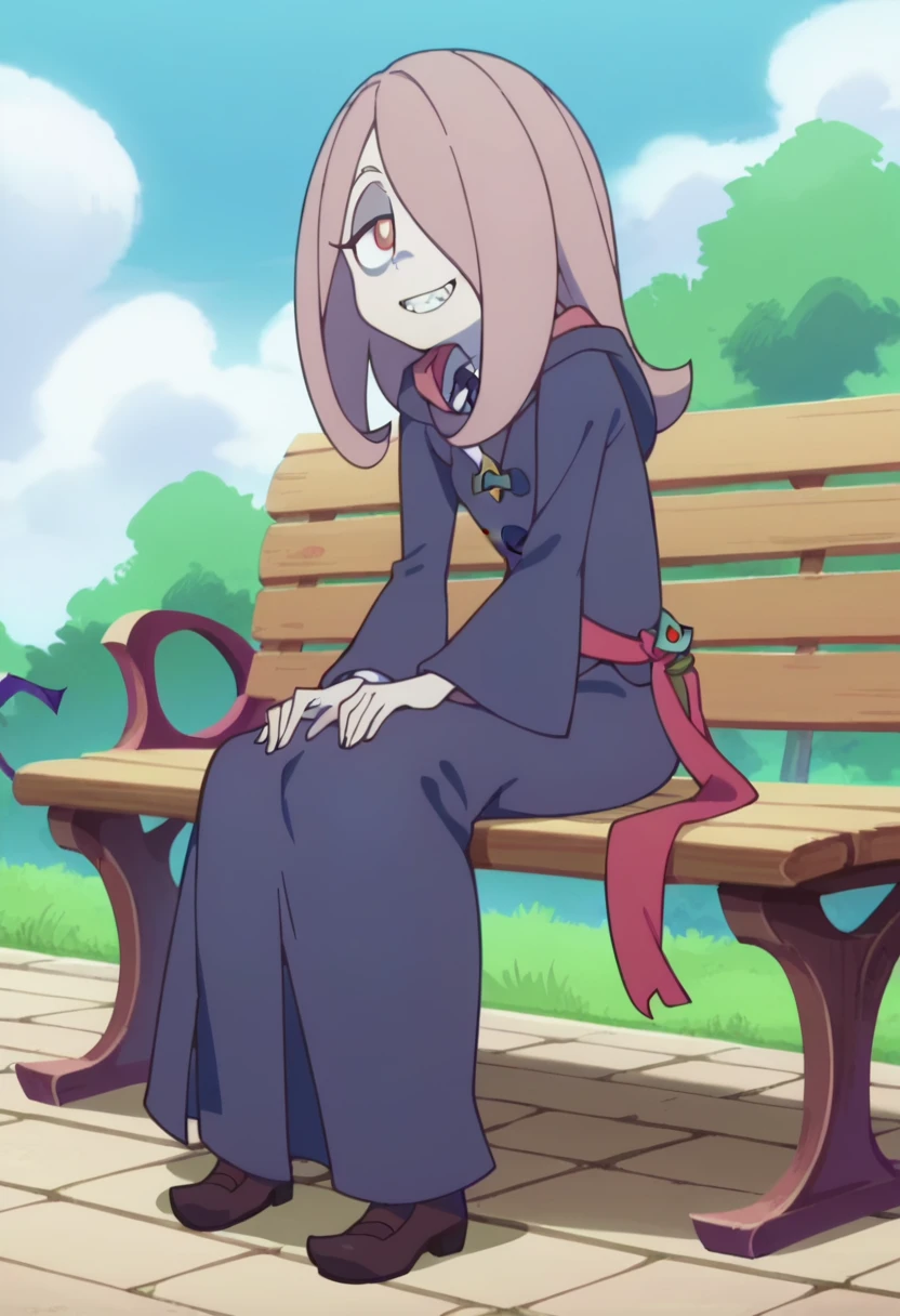 score_8_up, score_7_up, anime screencap, perfection, 1 girl, Sucy Manbavaran, solo, full body , sitting on bench, witch academy uniform, long skirt, smiling, sharo teeth ,flat chest, outdoors, witch academy,