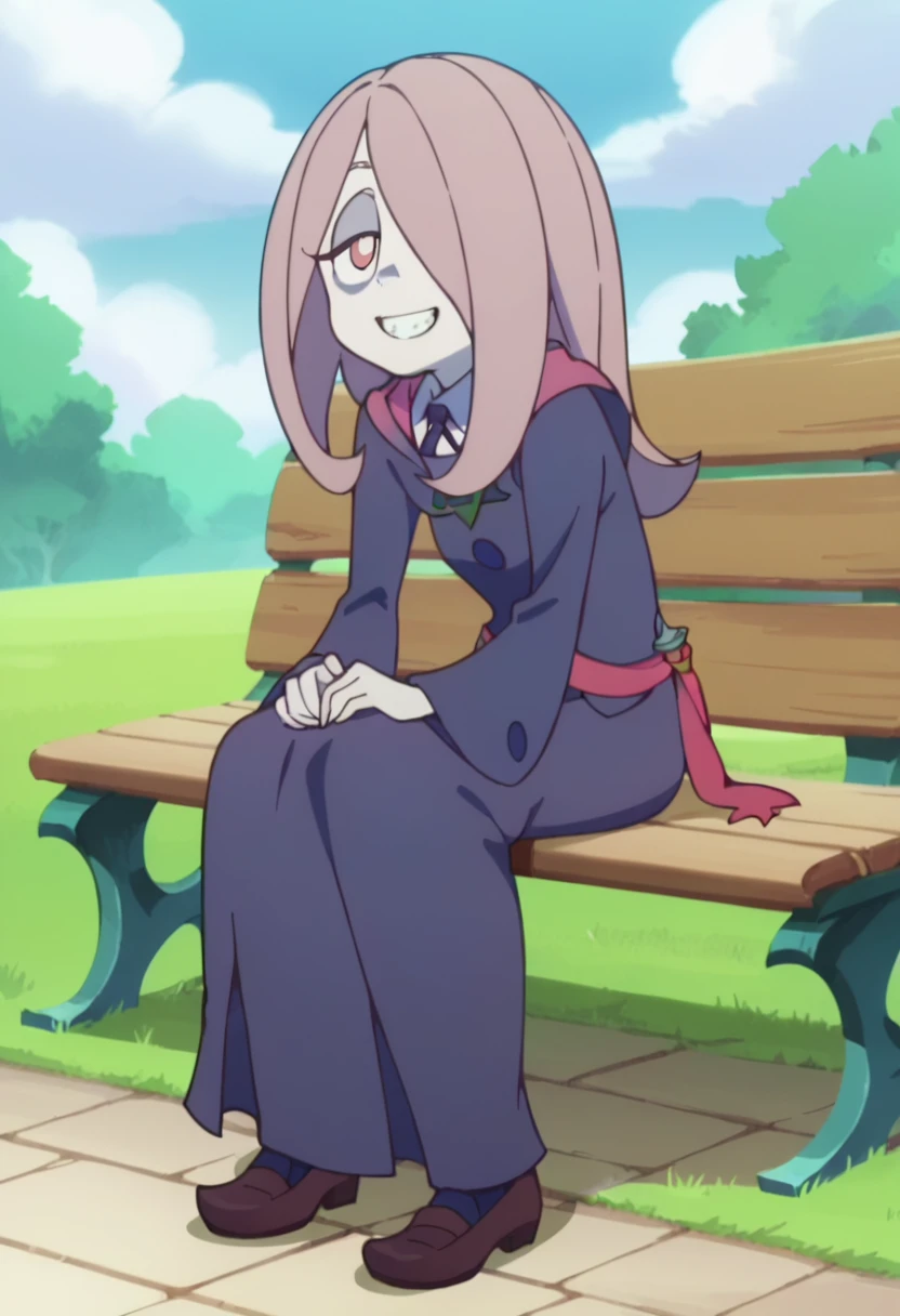 score_8_up, score_7_up, anime screencap, perfection,  1 girl, Sucy Manbavaran, solo, full body , sitting on bench, witch academy uniform, long skirt, smiling, sharo teeth ,flat chest, outdoors, witch academy,