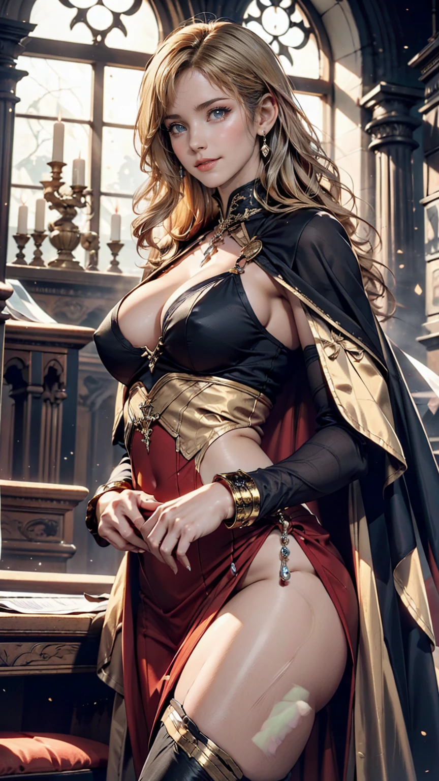 Dark Souls, Dim Light, Old Church, Mature Woman, slim, expensive, Long blonde curly hair, Long black cape, Red leotard with long skirt(High leg), Long skirt with diamonds, Gold bracelet, 8k, Official Style, European aristocracy, Sexy proportions、Narrow waist、Erotic female body、Blonde、Silver accessories on the wrist、Realistic shaped breasts(Hanging down due to gravity)Nipple swelling emphasis、smile、