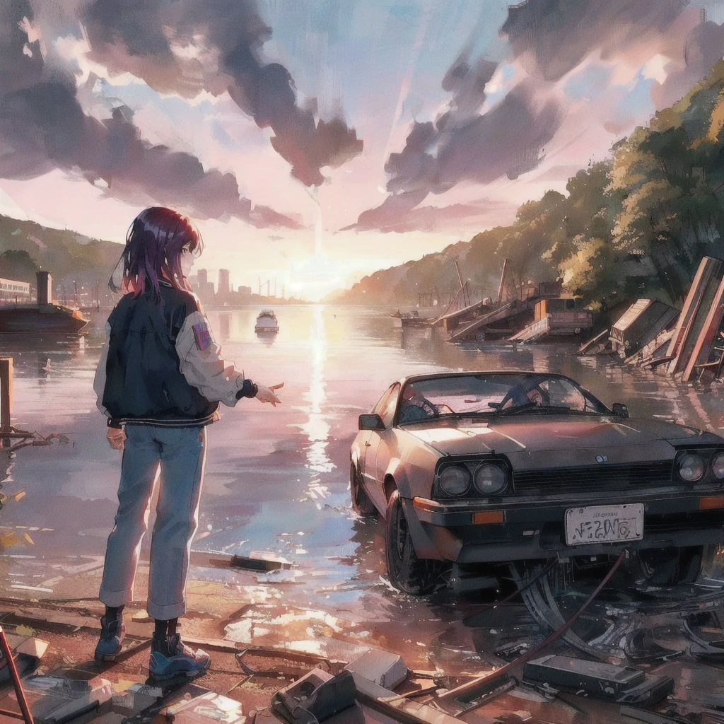 There is a car and a woman in the water, Liam Wong, Alena Aenami and Android Jones, style of alena aenami, Spectacular retrowave art, Makoto Shinkai Cyril Rolland, Rob Ray and Kentaro Miura Style, 80s anime style,Art by Alena Aenami, inspired Liam Wong