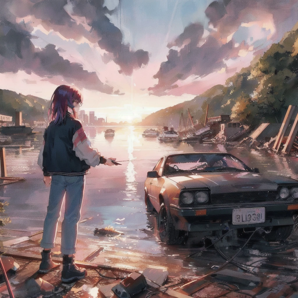 There is a car and a woman in the water, Liam Wong, Alena Aenami and Android Jones, style of alena aenami, Spectacular retrowave art, Makoto Shinkai Cyril Rolland, Rob Ray and Kentaro Miura Style, 80s anime style,Art by Alena Aenami, inspired Liam Wong