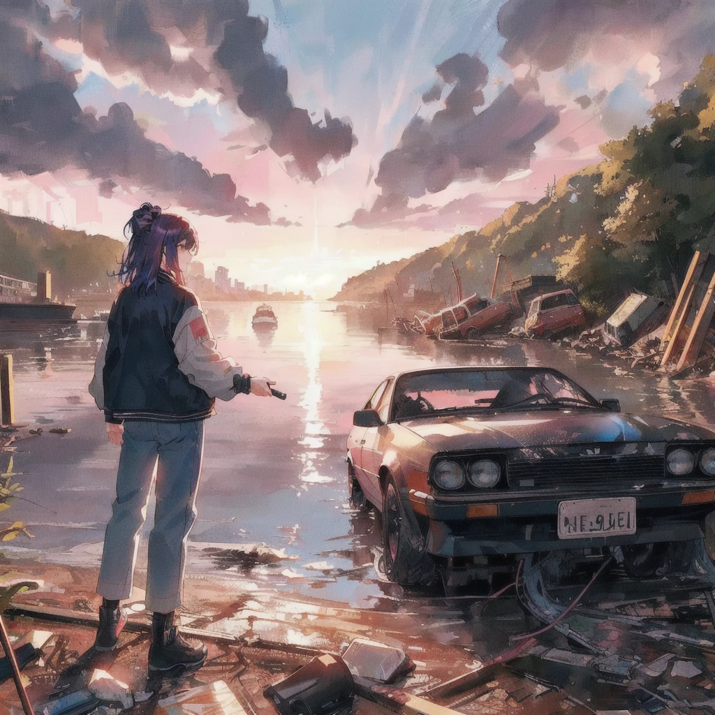 There is a car and a woman in the water, Liam Wong, Alena Aenami and Android Jones, style of alena aenami, Spectacular retrowave art, Makoto Shinkai Cyril Rolland, Rob Ray and Kentaro Miura Style, 80s anime style,Art by Alena Aenami, inspired Liam Wong