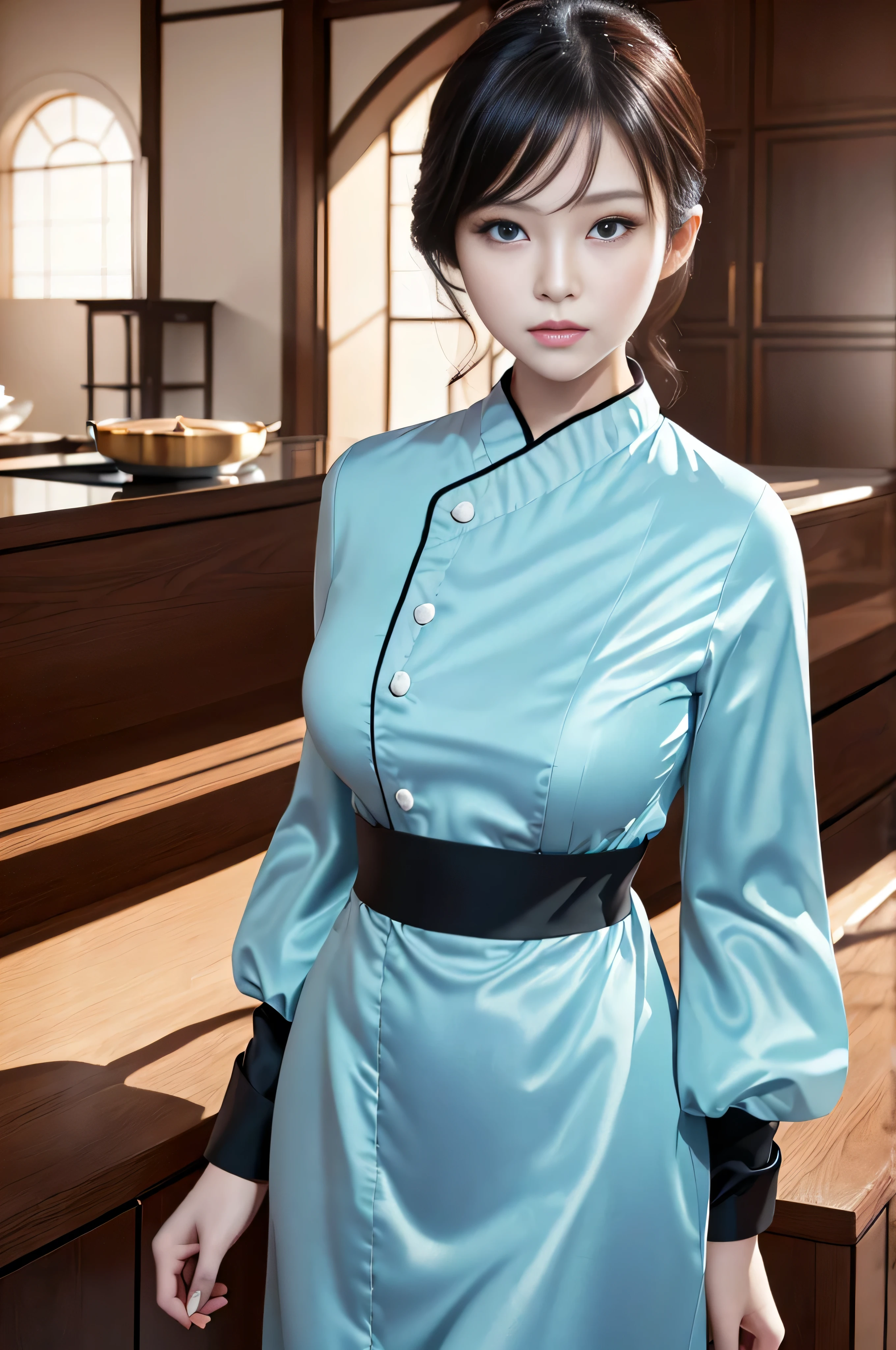 masuter piece, best qualtiy, ((Real model footage)), 8K picture quality, ((1 girl)), Extremely Delicately Beautiful, magnifica, Official art with attention to detail, ((perfect hands)), (18 years old girl), (japanese beautiful woman), black short hair, (((Cute light blue long-sleeved chef costume))), fierce eyes, assassin