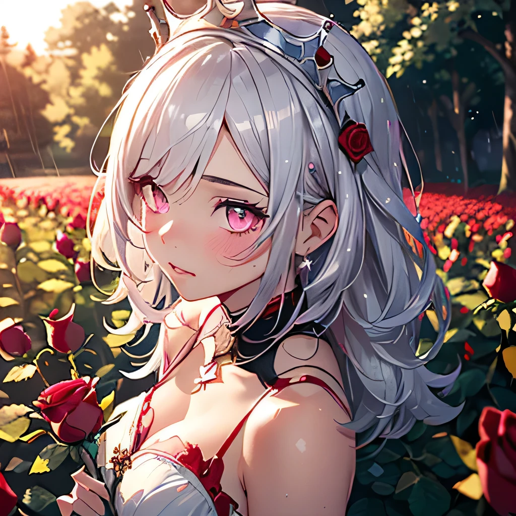 (((Best quality))), (((Ultra detailed))), 1 girl, ((((vivid)))),(((beautiful detailed hair, medium hair, silver hair))), (((pink eyes))), (((crown, with lots of red roses))), raining, viewing from above:1, (blush), flower field, beautiful detailed flowers, colorful flowers, ((fireflies, sunshine, particles)), starrystarscloudcolorful