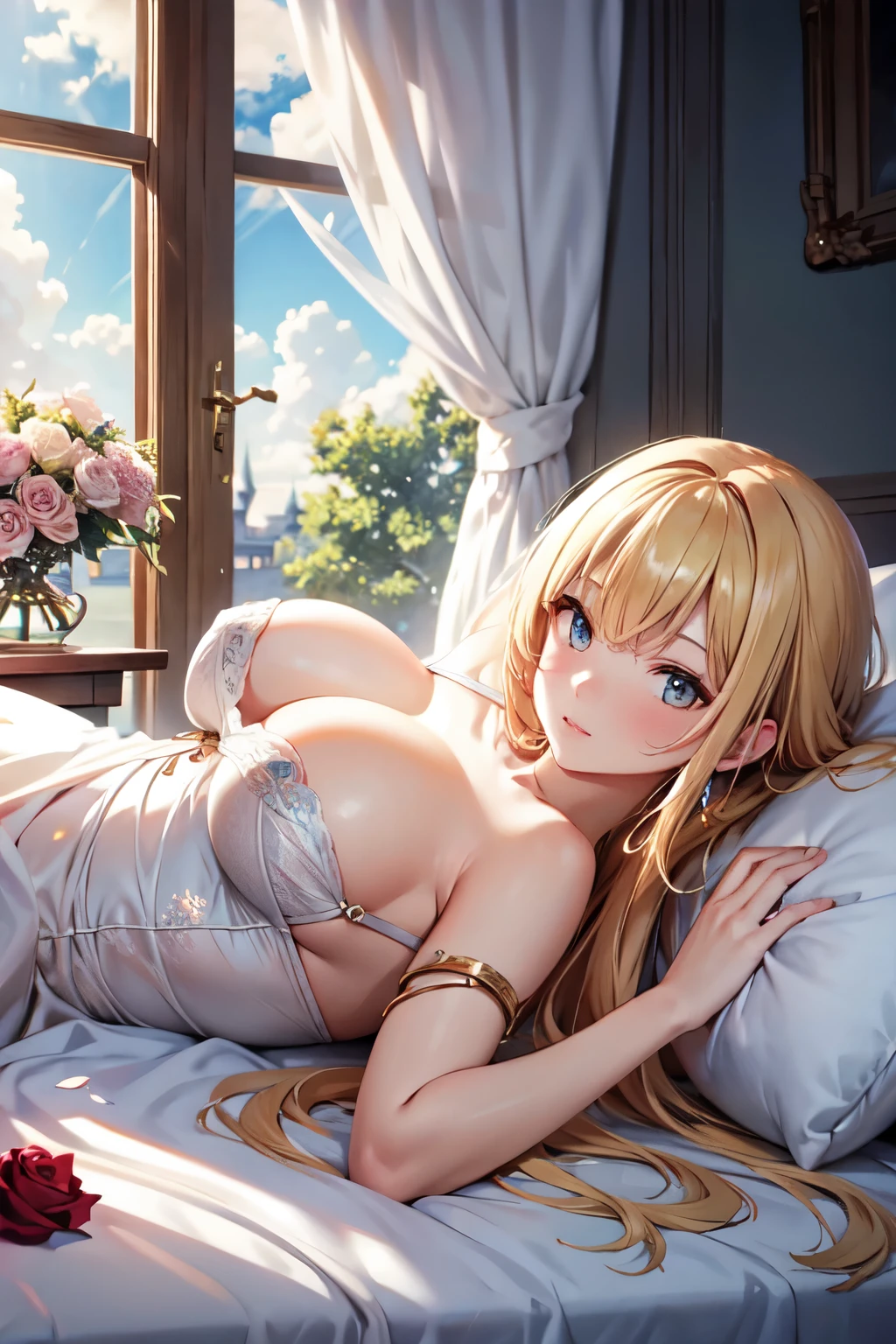 (masterpiece, Absurd quality, Official Art, beautiful and aesthetic:1.2), professional, Bright colors, Octane Rendering, Beautiful woman with long blonde hair, Curtain edge, Yellow eyes, lying on a bed of flowers, ((Lying down)), Looking at the sky, Beautiful flowing opaque white dress, goddess, Female pose, Full background, ((silk)), (Flowers, Rose), In-depth background, View from afar, glow, iridescent dress, Jewelry, window, Blue sky, cloud, castle, whole body, Soft lighting, 8K, best quality, best quality, ((Anatomically correct))Huge breasts（100.0） Huge breasts（100.0）