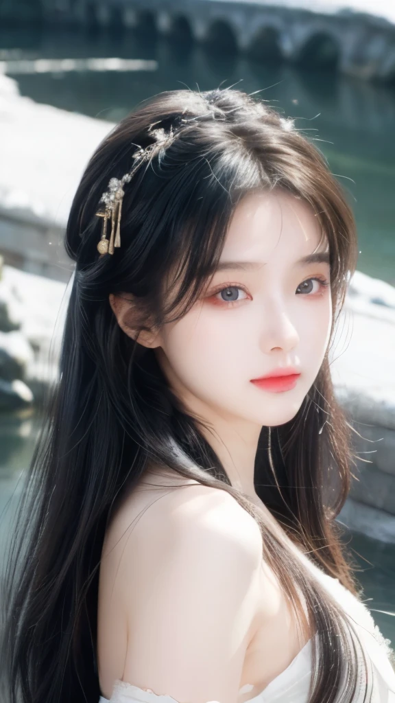 masterpiece, best quality, Official Art, 8k wallpaper, Very detailed, illustration, 1 girl, Long hair, Exquisite eyes, Bare shoulders, Hanfu, lake, pure, Gentle smile,Skin as white as snow，Exquisite facial features，Especially the bright eyes。Her face shape is usually oval，Ancient Chinese beauties，Gorgeous makeup，Hanfu