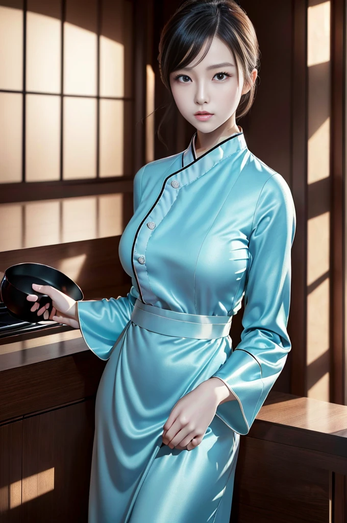 masuter piece, best qualtiy, ((Real model footage)), 8K picture quality, ((1 girl)), Extremely Delicately Beautiful, magnifica, Official art with attention to detail, ((perfect hands)), (18 years old girl), (japanese beautiful woman), black short hair, (((Cute light blue long-sleeved chef costume))), fierce eyes, assassin 