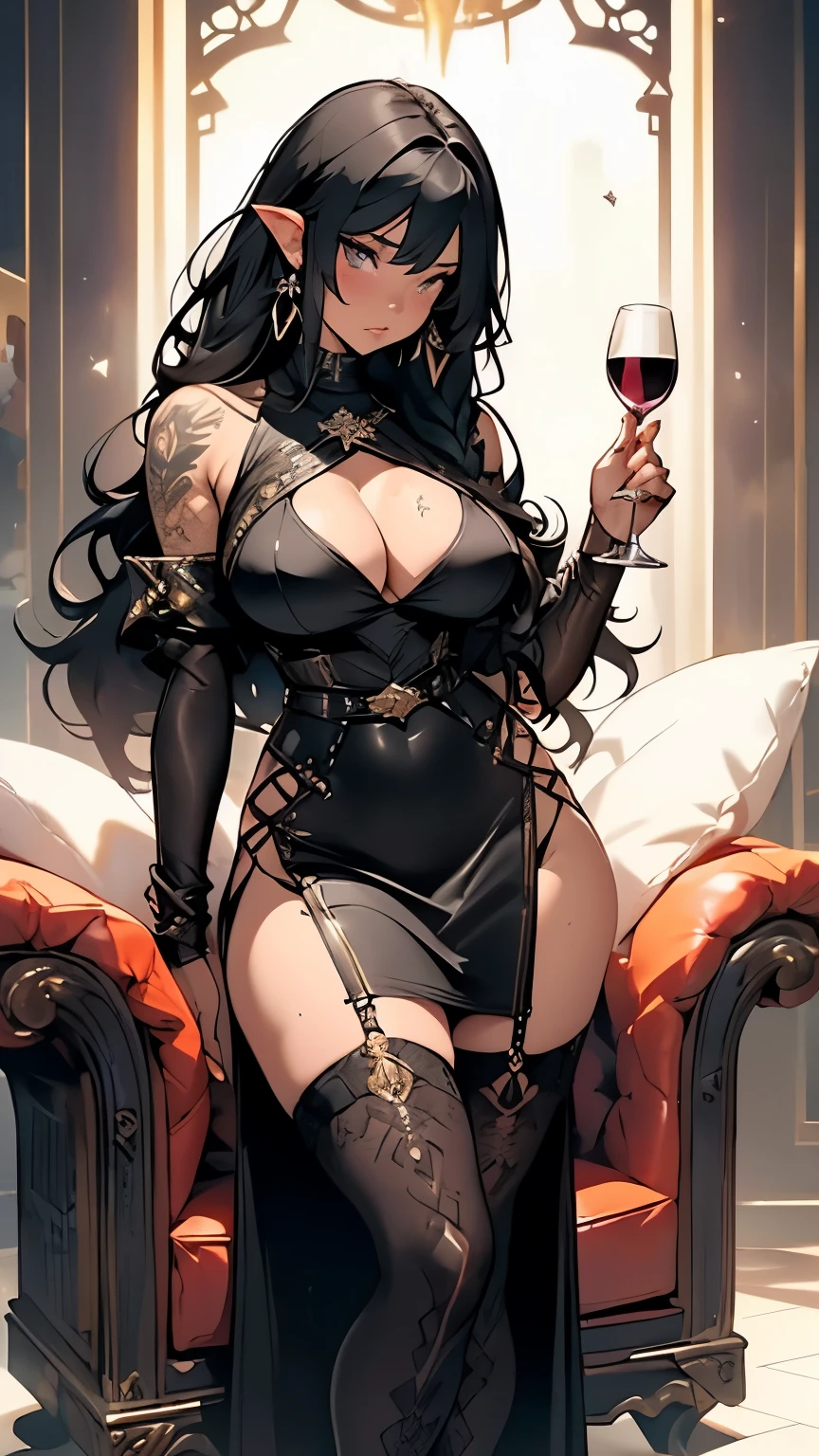 (Black Hair、Dark Elf、(Sunburned skin:1.5))、(Female Mafia、Female Gangster)、(Huge breasts)、(Black bodycon dress mini skirt:1.5)、(slit)、Gold string panties、Camel toe、(Revealing outfit)、(Fantasy decoration)、(Wide Hips、Thick thighs、glamorous、curve、Are fat)、(Black garter belt、Black long boots)、(slit)、NSFW、(Big shoulder tattoo、big arm tattoo、big thigh tattoo、large tattoos all over the body,)、(Sit in a luxurious big chair、Luxury Room)、(casino、Gambling grounds)、(Holding a wine glass)、Camel toe