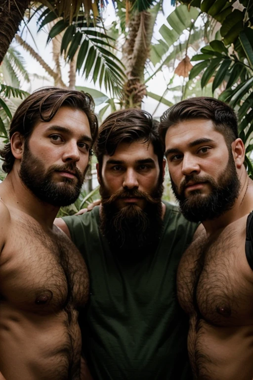 Three big bearded man with a young cute handsome face in the jungle