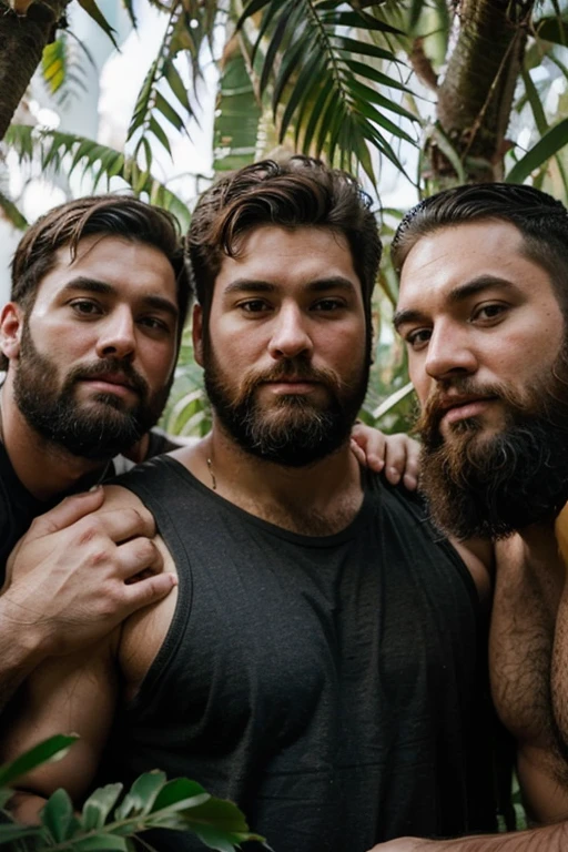  Three big bearded man with a young cute handsome face in the jungle