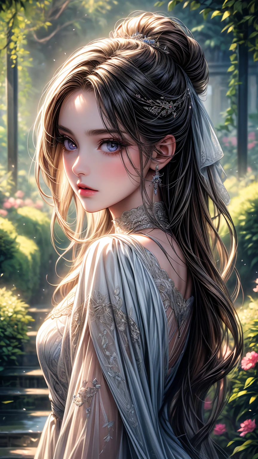 A girl in a garden,beautiful detailed eyes,beautiful detailed lips,extremely detailed eyes and face,longeyelashes,illustration,ultra-detailed,best quality,4k,8k,highres,masterpiece:1.2,ultra-fine painting,sharp focus,professional,vivid colors,portraits