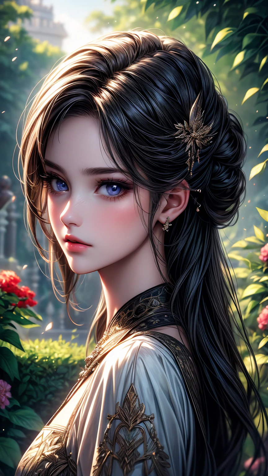 A girl in a garden,beautiful detailed eyes,beautiful detailed lips,extremely detailed eyes and face,longeyelashes,illustration,ultra-detailed,best quality,4k,8k,highres,masterpiece:1.2,ultra-fine painting,sharp focus,professional,vivid colors,portraits