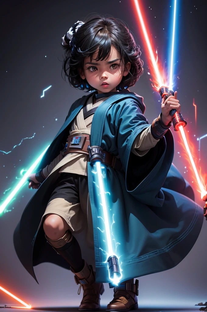 kid jedi de star wars com darth vader do lado , cute cute , detailded , lindamente detailded, swirly vibrant colors, epic battle scene, intense lightsaber duel, dynamically possessed, glowing lightsabers, sci-fi atmosphere, dramatic lighting, painted with mastery, details Intricate, Exciting action, cinematic  composition