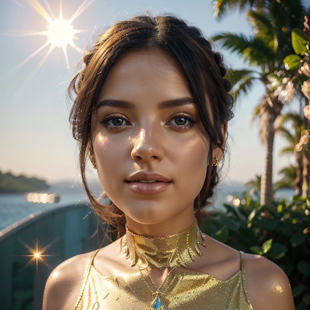A breathtaking 3D render illustration that captures the essence of serenity and enchantment. The central focus is a shiny gold star floating gracefully above a mesmerizing shiny gradient blue background, their outlines decorated with small, colorful, and transparent glitter. The glitter reflects the warm hues of the setting sun, casting a soothing golden glow over the scene. In the background, a bouquet of vibrant shiny colorful diamond-roses stands out against the dynamic and striking color palette, creating a harmonious and captivating atmosphere.
