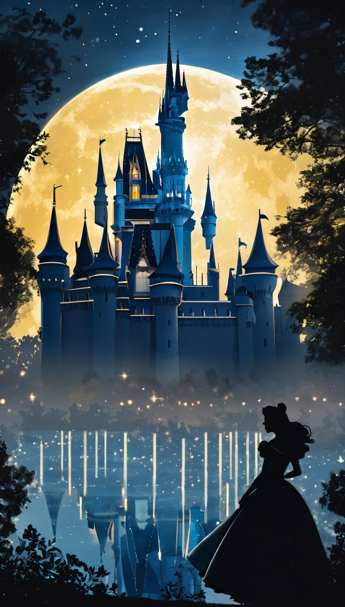 (8k, Highest quality, masterpiece)，Double Exposure, silhouette, (one princess, One Knight, Face to face), Upper body close-up, Moonlit Night, Cinderella Castle, Outdoor, Confession in the moonlight