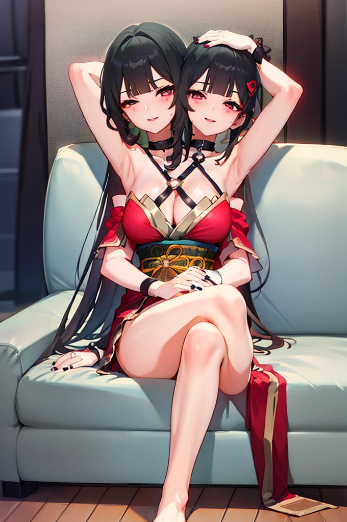(2 heads:1.3), 1 girl, Sparks \(Honkai: Star Rail\), Twintail, hair accessories, alone, Off shoulder kimono, black nails, Mask on the head, arms separated, choker, heart, Single gloves, Wristband, Cross Halter, thigh strap, smileที่พอใจ, sitting on the sofa, Cross your legs., cross your legs, look at viewer, Barefoot, living room, Masterpiece, illustration, beautiful, 4K, 8ก,DSLR Photos, (8ก, 4K, Masterpiece),(Masterpiece, best quality), best resolution, (3 heads:1.5),Arms separated,arm circle, (Put your hands on your head...), (lower hand on ankle), (lower hand on leg), Full content in the frame, full body view, (four arms),(Multi-arm),(many hands), รูปร่างเพรียวบาง Masterpiece,best quality,best resolution,1 woman,many heads, upper body, smile, Facing the audience,big breasts,simple background,หน้าbeautiful,ผมbeautiful,ดวงตาbeautiful,ร่างกายที่beautifulงาม,มือbeautiful,conjoined twins