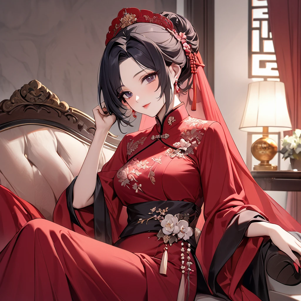 ((Highest quality)), ((masterpiece)), (detailed), (Perfect Face)、The woman is a Chinese woman named Kocho Shinobu.。, Purple gradient bob black hair and formal evening hairstyles. She is wearing an engagement ring. She is a prominent member of the Chinese Communist Party.、She is the wife of a great old Communist Party official.、The woman is beautifully dressed in a gorgeous red wedding dress and red wedding veil, typical of the Chinese Communist Party.、A poised and elegant Chinese lady sitting on a plush sofa in a luxurious room