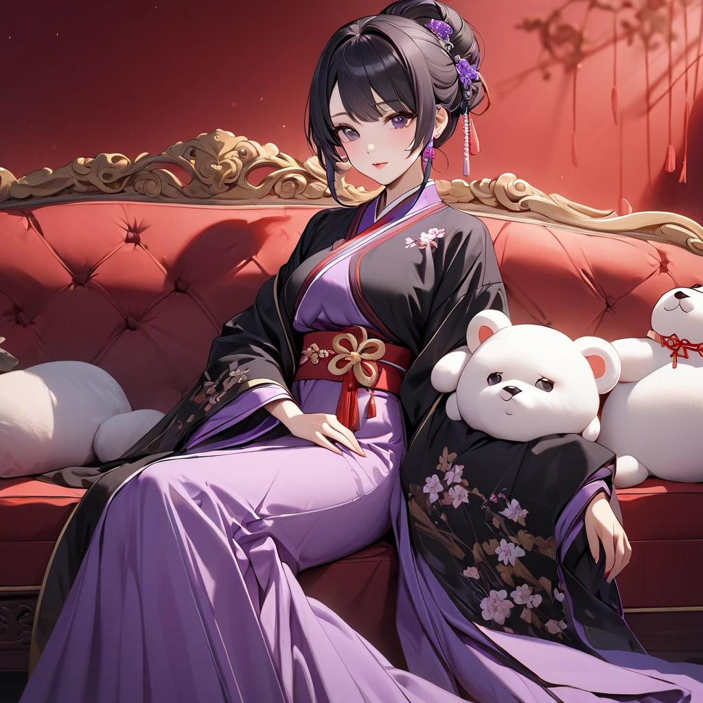 ((Highest quality)), ((masterpiece)), (detailed), （Perfect Face）、The woman is a Chinese woman named Kocho Shinobu.。, Purple gradient bob black hair and formal evening hairstyles. She is wearing an engagement ring. She is a prominent member of the Chinese Communist Party.、She is the wife of a great old Communist Party official.、The woman is beautifully dressed in the gorgeous and gorgeous red Hanfu that is typical of the Chinese Communist Party.、A poised and elegant Chinese lady sitting on a plush sofa in a luxurious room