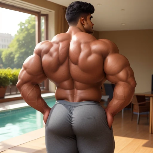 4 meter tall slightly overweight indian men. 20 years old. Childish Young hairless fresh face. In london with friend. Very sexy Posing for camera. Muscular. Wearing a henley and a tight black sweat pants. Big ass. Smooth body and face. Belly seen. Long long legs. View from the back. Sunlight.