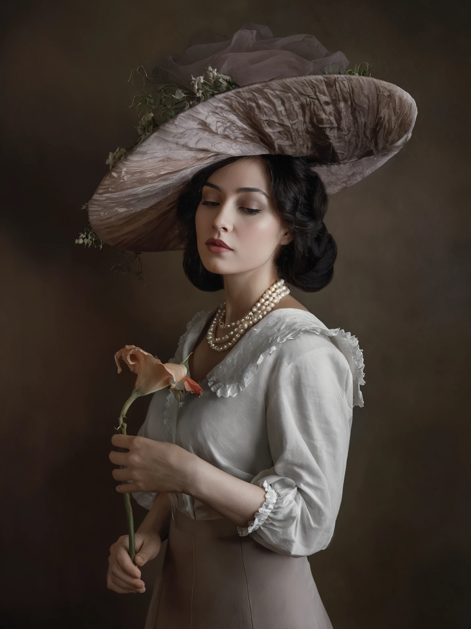 there is a woman in a hat holding a rose in her hand, fine art fashion photography, victorian lady, fine art portrait photography, elegant portrait, a beautiful victorian woman, wearing 10s era clothes, 1 9 1 0 s style, in a high renaissance style, elegant woman, inspired by Albert Edelfelt, art nouveau fashion photography