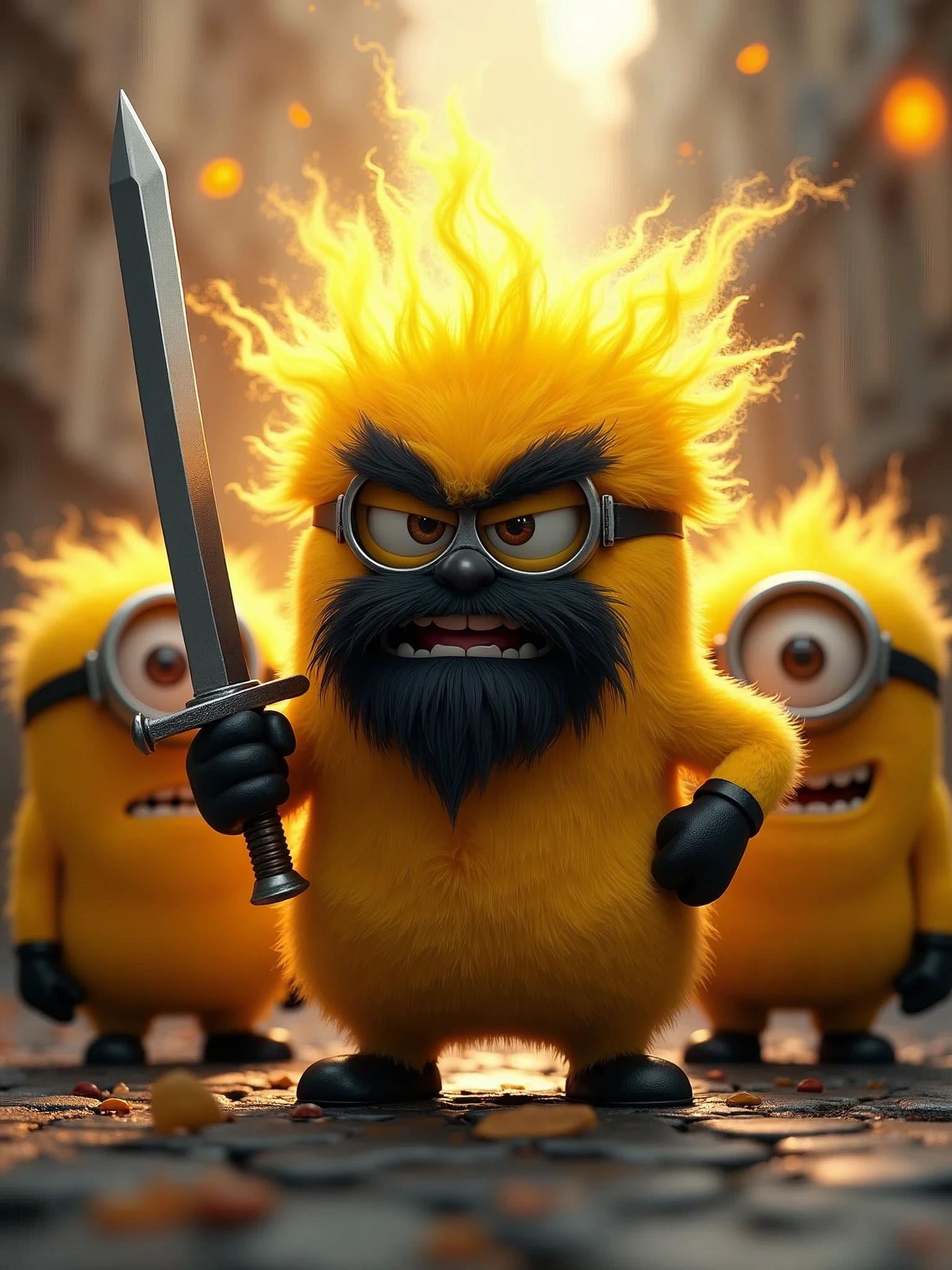 a group of minions standing next to each other, behance. high detail, kurt russell, very very beautiful furry art, angry character wielding a sword, yellow fur explodes, inspired by Todd Lockwood, inspired by Nikolay Nikanorovich Dubovskoy, black beard, artgerm and patrick demarchelier, telegram sticker, ironborn