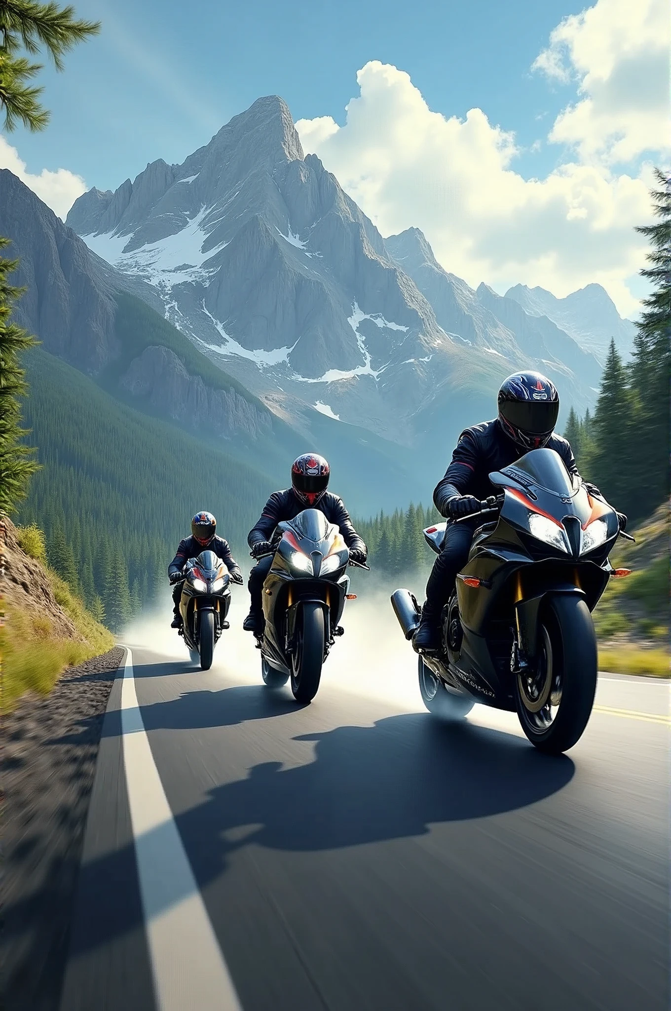 Three R6 riders streak across the winding asphalt, their sleek motorcycles leaving trails of smoke as they hurtle towards the rugged mountain range in the distance. The matte painting-style backdrop features towering peaks, lush green forests, and wispy cloud formations. Sunlight casts long shadows on the road, illuminating the motorcyclists' helmets and jackets as they bank into a turn, their tires screeching in perfect harmony., retina, accurate, masterpiece, super detail, high details, best quality, award winning, highres, HD, 4K, 8k, 16k, retina, accurate, masterpiece, anatomically correct, textured skin, super detail, high quality, award winning, highres, 8k, 16k