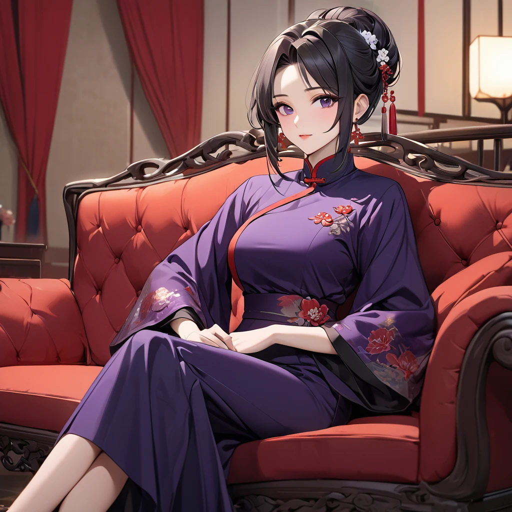 ((Highest quality)), ((masterpiece)), (detailed), (Perfect Face)、The woman is a Chinese woman named Kocho Shinobu.。, Purple gradient bob black hair and formal evening hairstyles. She is wearing an engagement ring. She is a prominent member of the Chinese Communist Party.、She is the wife of a great old Communist Party official.、The women are beautifully dressed in the gorgeous and glamorous red Mao suits typical of the Chinese Communist Party.、A poised and elegant Chinese lady sitting on a plush sofa in a luxurious room