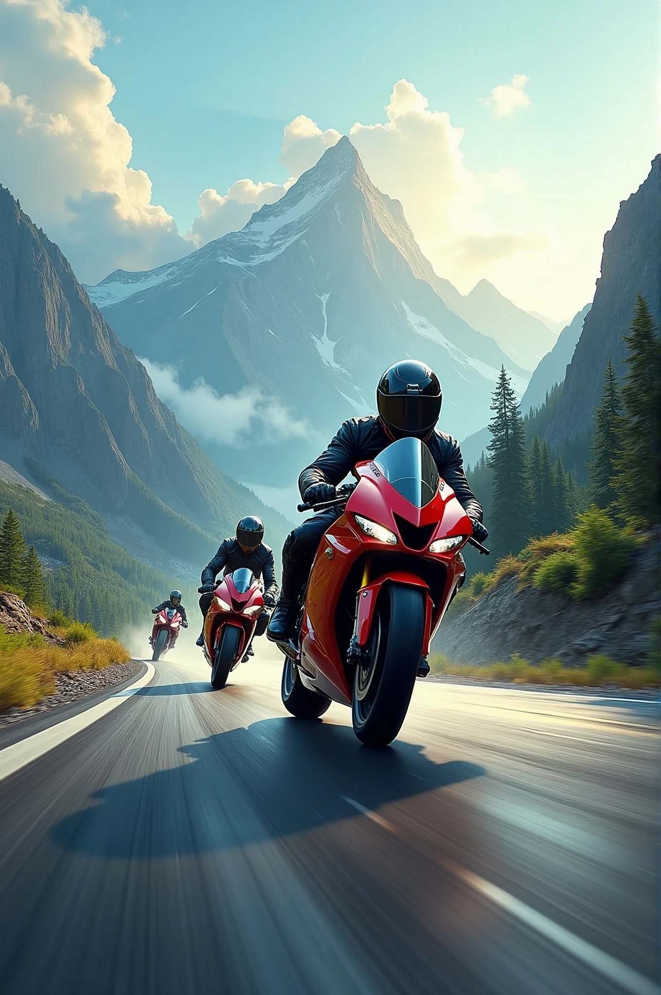 Three R6 riders streak across the winding asphalt, their sleek motorcycles leaving trails of smoke as they hurtle towards the rugged mountain range in the distance. The matte painting-style backdrop features towering peaks, lush green forests, and wispy cloud formations. Sunlight casts long shadows on the road, illuminating the motorcyclists' helmets and jackets as they bank into a turn, their tires screeching in perfect harmony., retina, accurate, masterpiece, super detail, high details, best quality, award winning, highres, HD, 4K, 8k, 16k, retina, accurate, masterpiece, anatomically correct, textured skin, super detail, high quality, award winning, highres, 8k, 16k