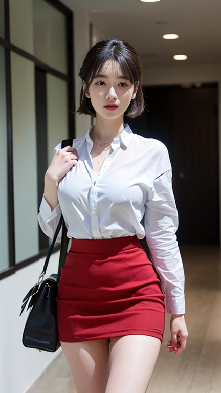 (((best quality, 8K, masterpiece:1.4)), (20 岁woman), masterpiece, clearly, Highres, High_quality, Wide_shooting, small_Face, Absurdly_short_hair, woman, Droop_breast, balance, stretch, Moderate_Face, only_Shoulder, center_Opening, underwear, ((best quality)), ((masterpiece)), (detailed), perfect Face, very big breast, ultra High resolution room, 8K, Perfect body, Head-up display, ergonomic, Thin legs, small Face, Long eyelashes, Glittery pink lips, Attention to detail, clean skin, blemish-free Face, Korean beauty, 20 岁woman, 1 名woman, Sexy pelvis,He walks forward carrying a small luxury bag., (huge, saggy breast), red tulip skirt, Red simple jacket, White V-neck shirt, Neat office office corridor, white tone office, office appearance:1.3, prada, Her job is CEO, she is an office worker,