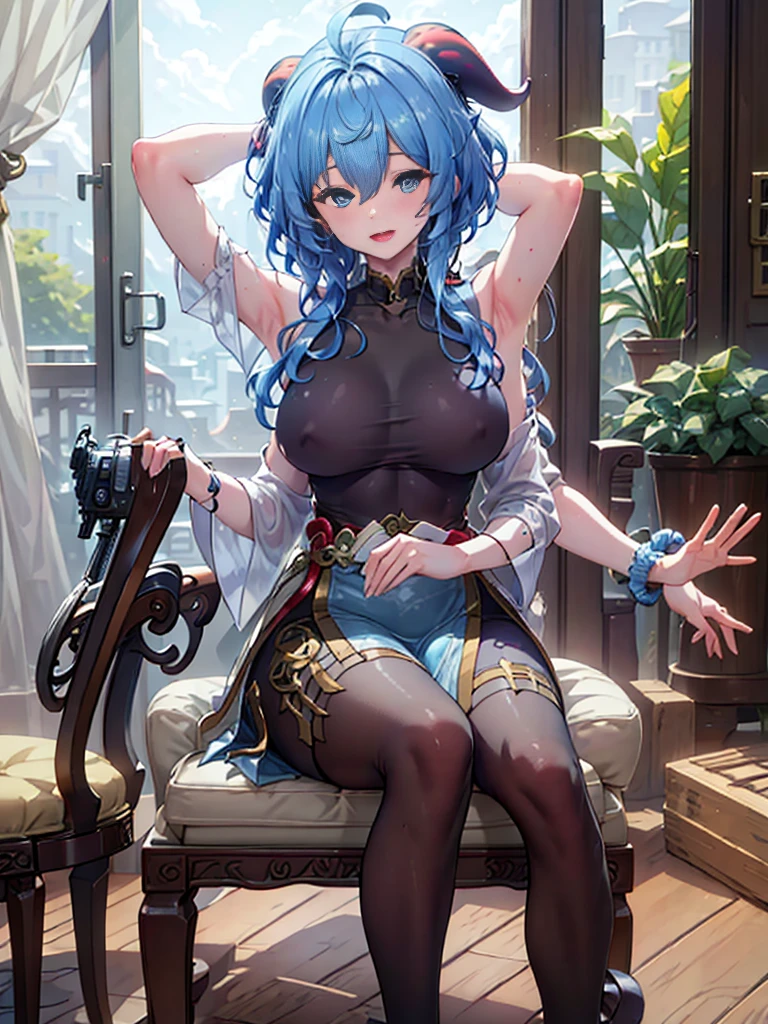DSLR Photos, (8ก, 4K, Masterpiece),(Masterpiece, best quality), best resolution, (3 heads:1.5), aqua hair, twin tail, long hair, tear, open mouth, smile, be happy, Arms separated,Hotel Rooms, arm circle, (Put your hands on your head.), (lower hand on ankle), (lower hand on leg), Full content in the frame, full body view, (four arms),(Multi-arm),(many hands), รูปร่างเพรียวบาง Masterpiece,best quality,best resolution,1 woman,2 heads,details,Ganyu character,He has two goat horns on his head..,blue short hair,blue eyes,Wear tall clothes ,Wear a two-pronged red tie..,big breasts,simple background,Beautiful face,Beautiful hair,beautiful eyes,beautiful body,Beautiful hands,conjoined twins