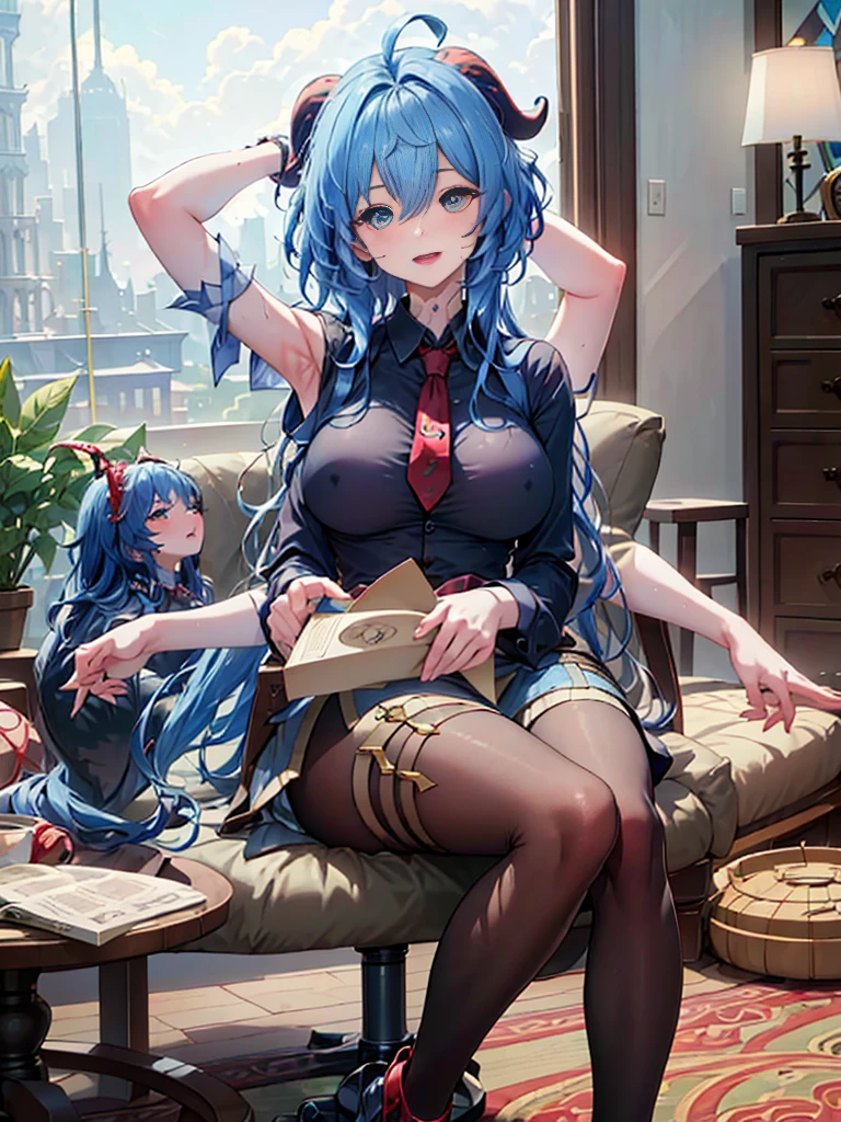DSLR Photos, (8ก, 4K, Masterpiece),(Masterpiece, best quality), best resolution, (3 heads:1.5), aqua hair, twin tail, long hair, tear, open mouth, smile, be happy, Arms separated,Hotel Rooms, arm circle, (Put your hands on your head.), (lower hand on ankle), (lower hand on leg), Full content in the frame, full body view, (four arms),(Multi-arm),(many hands), รูปร่างเพรียวบาง Masterpiece,best quality,best resolution,1 woman,2 heads,details,Ganyu character,He has two goat horns on his head..,blue short hair,blue eyes,Wear tall clothes ,Wear a two-pronged red tie..,,simple background,Beautiful face,Beautiful hair,beautiful eyes,beautiful body,Beautiful hands,conjoined twins 