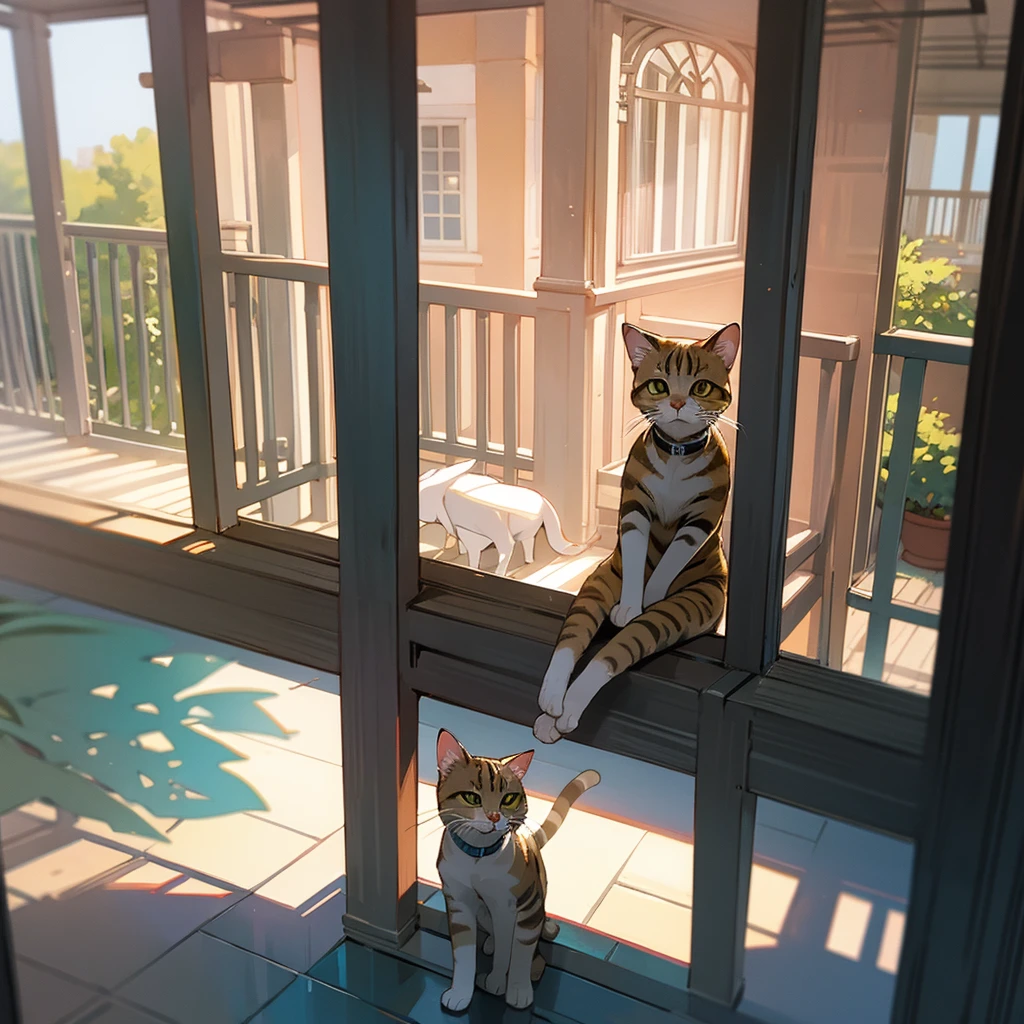 A tabby cat sitting on the veranda looking towards me