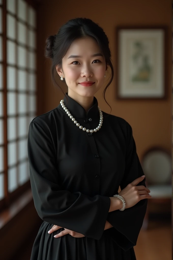 (Highest quality、Highest quality、8k resolution、masterpiece、Professional photography、Award-winning works)、(Mature 45 year old beautiful Japanese woman:1.1)、(Funeral:1.1)、(Blurred background of a spacious and elegant Japanese-style room:1.1)、(Strongly blurred background:1.1)、The most romantic and moody atmosphere、(The perfect black mourning outfit:1.2)、(Black Skirt:1.1)、(Black clothes:1.1)、(Pearl Necklace:1.1)、Standing Elegantly、Voluptuous body、A beautiful smile looking at me、Large Breasts、Perfect Makeup、Beautiful lipstick、Elegant eyeshadow、Long eyelashes、Ultra-high resolution glossy skin、(Accurate anatomy:1.1)