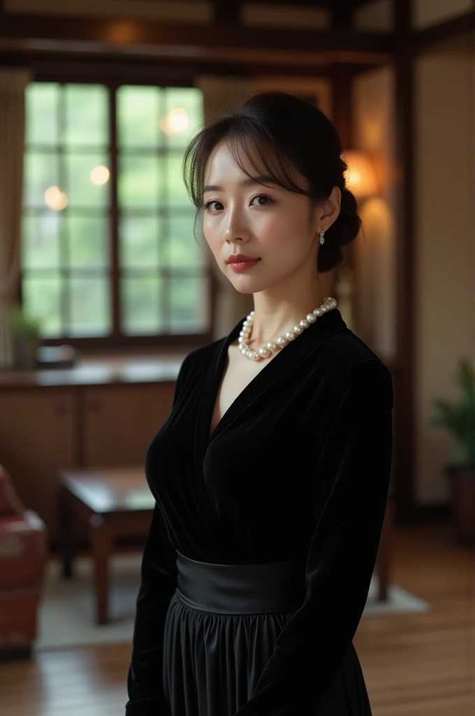 (Highest quality、Highest quality、8k resolution、masterpiece、Professional photography、Award-winning works)、(Mature 45 year old beautiful Japanese woman:1.1)、(Funeral:1.1)、(Blurred background of a spacious and elegant Japanese-style room:1.1)、(Strongly blurred background:1.1)、The most romantic and moody atmosphere、(The perfect black mourning outfit:1.2)、(Black Skirt:1.1)、(Black clothes:1.1)、(Pearl Necklace:1.1)、Standing Elegantly、Voluptuous body、A beautiful smile looking at me、Large Breasts、Perfect Makeup、Beautiful lipstick、Elegant eyeshadow、Long eyelashes、Ultra-high resolution glossy skin、(Accurate anatomy:1.1)