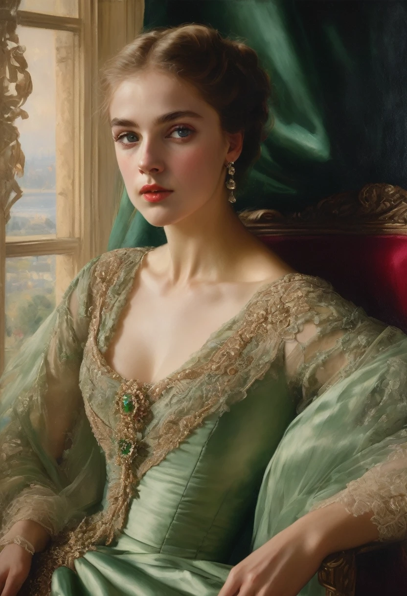 (highres,masterpiece:1.2),(realistic:1.37)A portrait oil painting by sargent!!!!!!! of a Russian vampire girl in the 18th century with unparalleled beauty. She has mesmerizing green eyes and delicate rosy lips. (extremely beautiful!!!!!! pretty!!!!! young face!!!!!), The portrait is meticulously detailed, capturing every subtle nuance of her features. She is adorned in an exquisite silk gown, embellished with intricate lace and delicate embroidery. The painting showcases the opulence of the era, with lush velvet curtains and gilded furniture in the background. The lighting is soft and diffused, accentuating the girl's ethereal beauty. The colors are vibrant and rich, creating a captivating visual experience. The portrait is created in the style of classical portraiture, reminiscent of the works of renowned artists from the era. It exudes elegance, grace, and sophistication., contraposto!!!!!!!!!!!!!